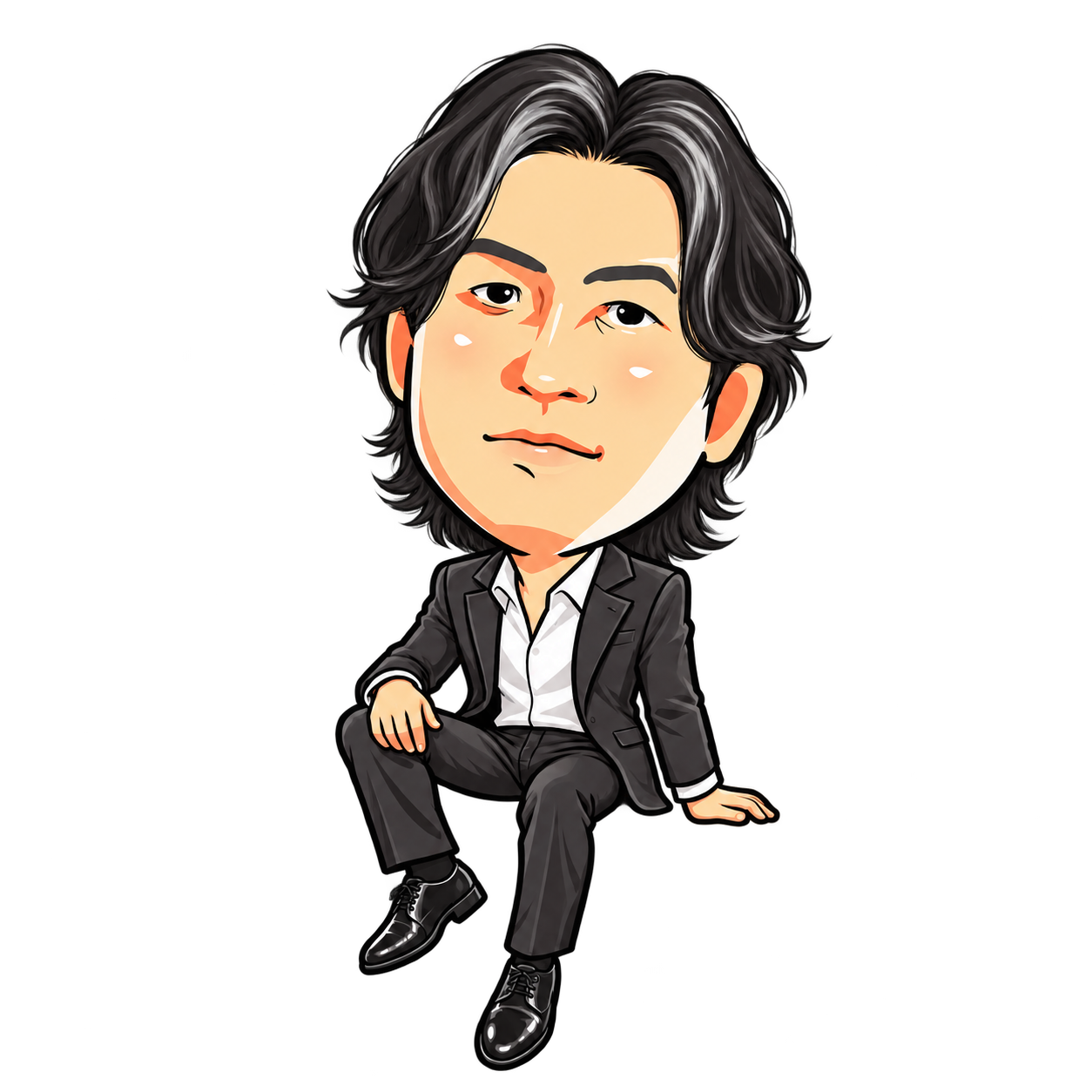 銀のメッシュと長めの髪、スーツ姿で腰かける Ryota Noguchi のキャラクター